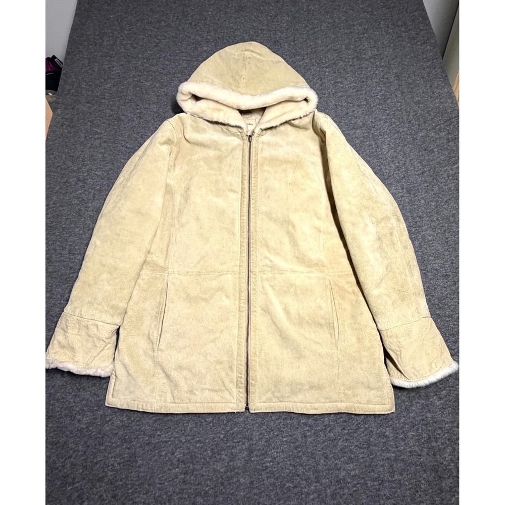 St. John's Bay Suede Jacket Womens Large Cream Faux Fur Lined Full Zipper Hooded